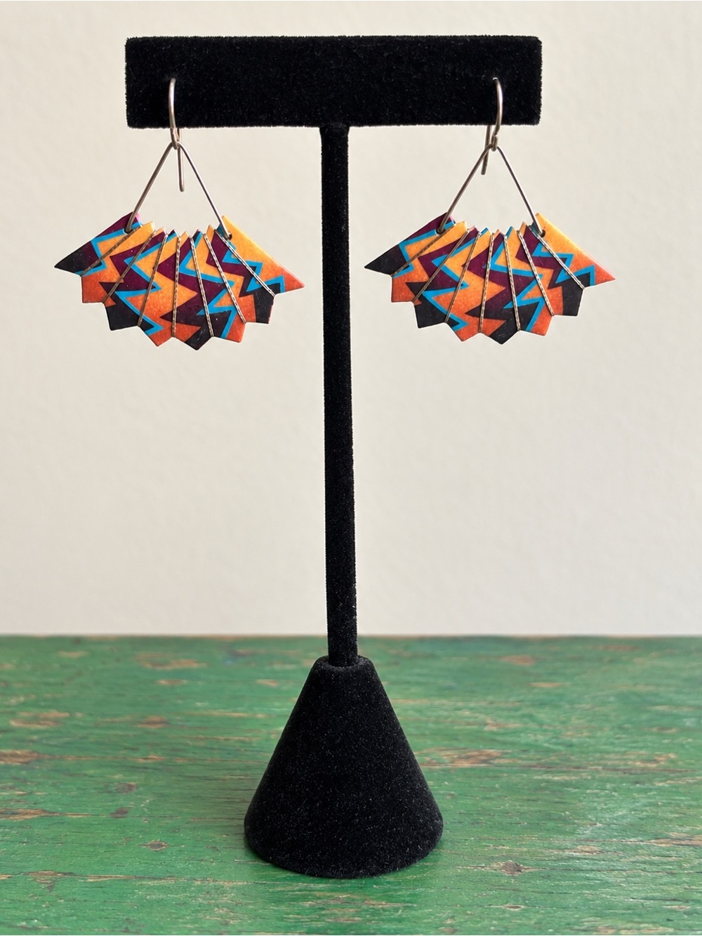 Artisan Geometric Fan Dangle Earrings Colorful Wearable Art Statement Jewelry